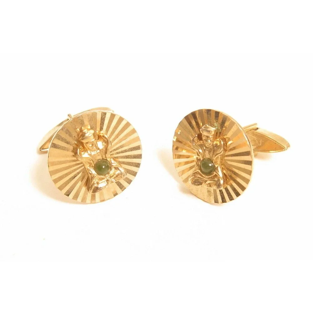 Vintage Buddha Signed Swank Jade Cab Patented Gold Plated Cufflinks*Groom*Formal